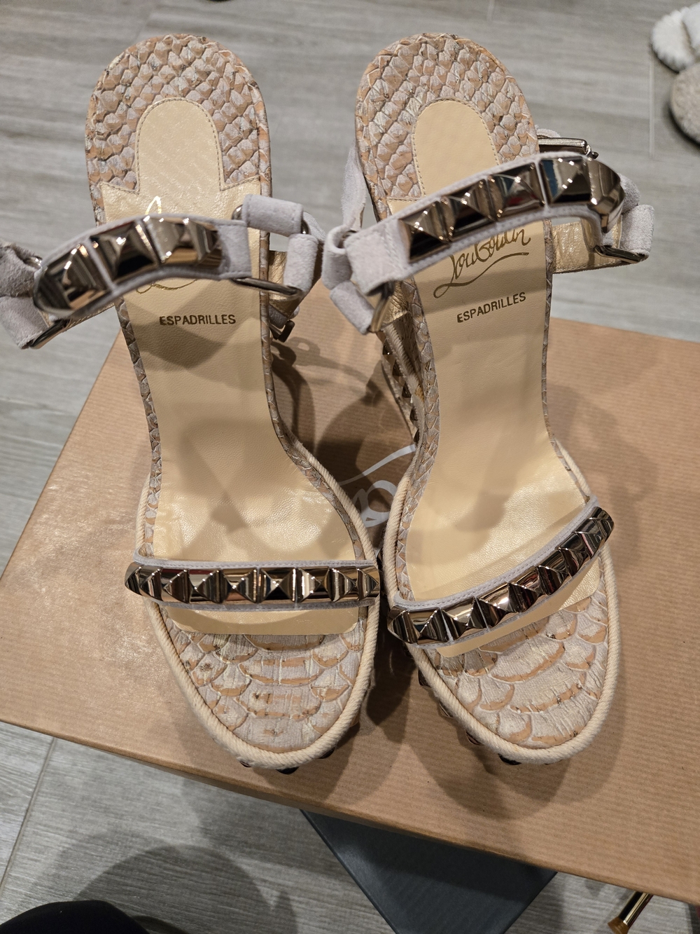 Christian Louboutin Beige Wedge Sandals with Studded Straps - Picture 6 of 7